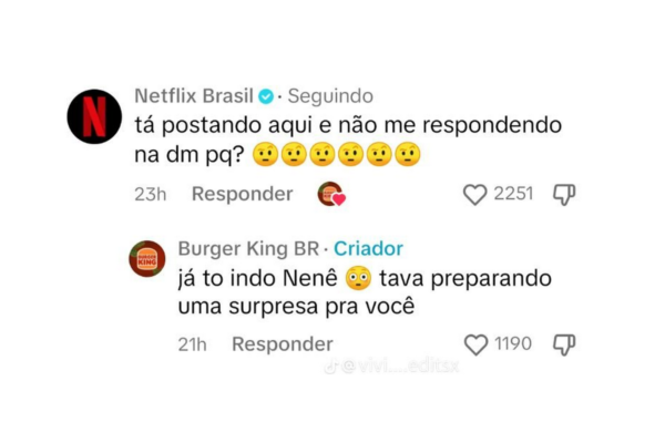 O print mostra uma interação entre Netflix Brasil e Burger King BR no TikTok, um exemplo de viral entre a Geração Z. O texto diz: Netflix - "tá postando aqui e não me respondendo na dm pq?", ao passo que BK BR responde: "já tô indo nenê tava preparando uma surpresa pra você">