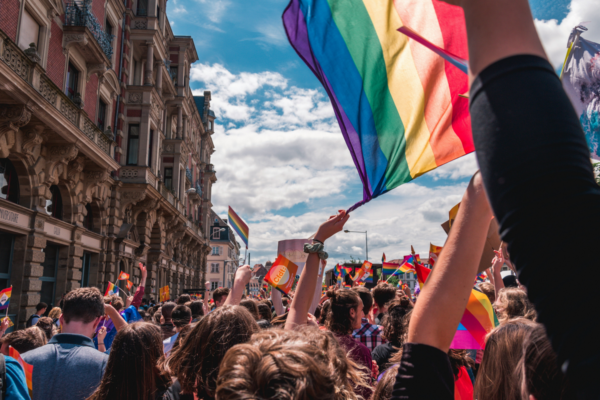 A imagem mostra uma Parada LGBTQIAPN+, com um grupo de pessoas segurando a bandeira da comunidade.