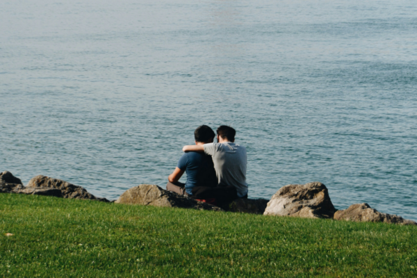 A imagem mostra dois homens sentados na grama, abraçados, em frente ao mar. Falando sobre diversidade e inclusão, a fotografia registra um momento de proximidade entre o casal.